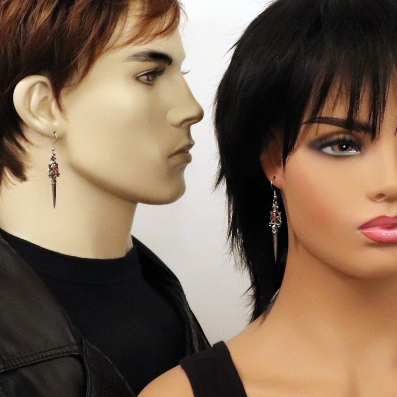 Real Metal Gothic Skull Dagger Medieval Renaissance Dangle Earrings with Red Austrian Crystals - Image 2